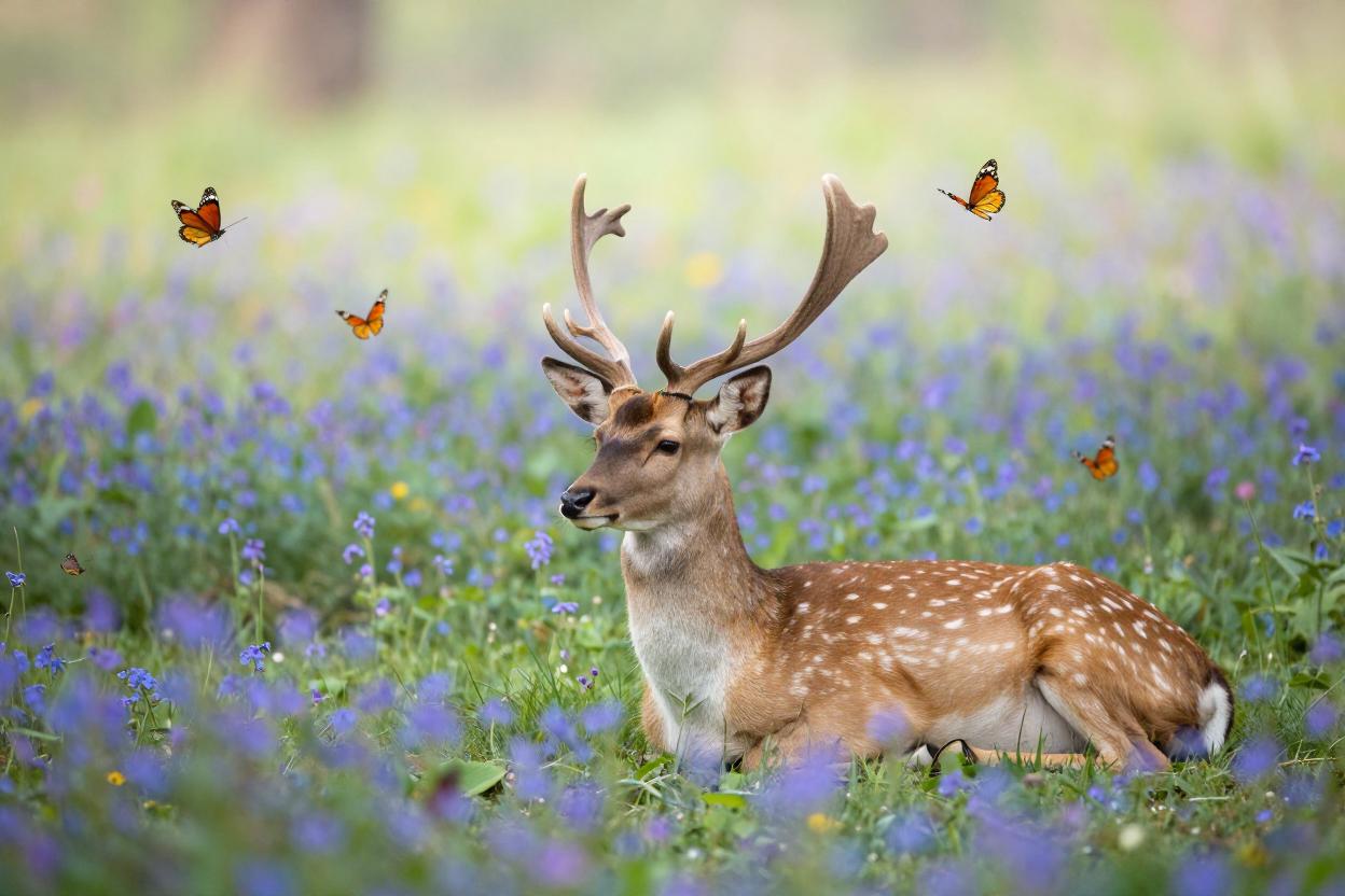 Serene deer resting among blooming flowers and butterflies