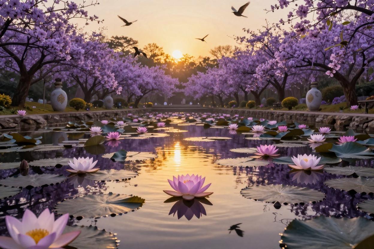 Lotus flower pond with birds in golden sunlight
