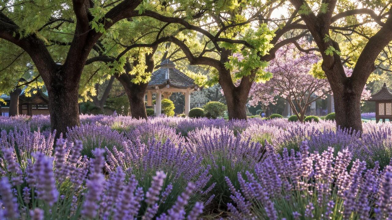 Tranquil garden with ancient trees and soft sunlight